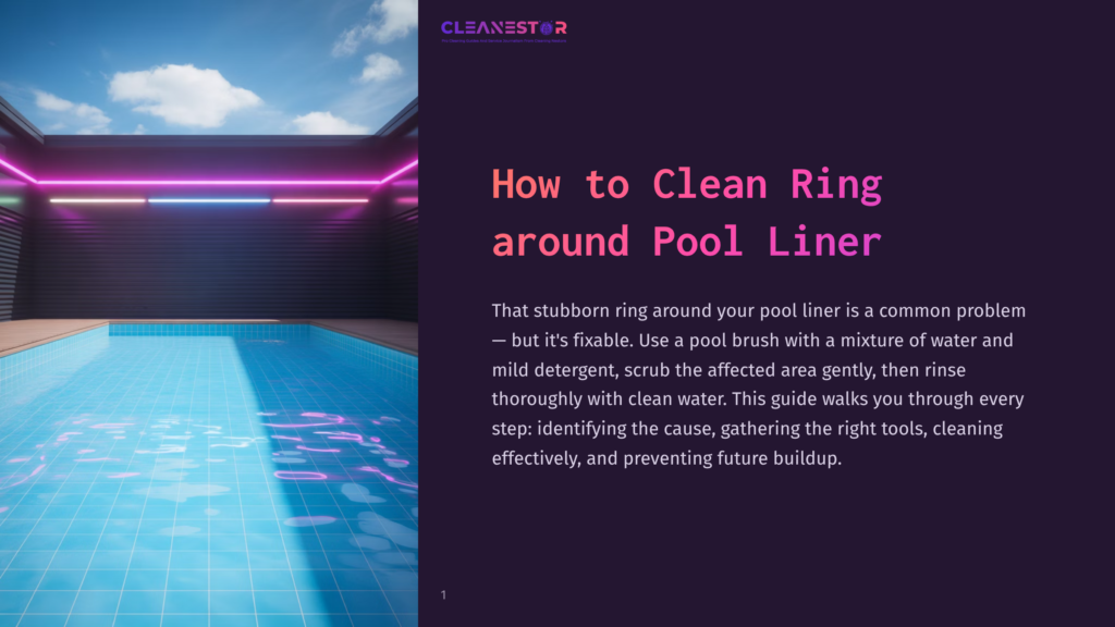 A Pristine, Empty Swimming Pool With Bright Blue Water And A Wooden Deck Is Illuminated By Vibrant Neon Lights, With The Text &Quot;Cleanestor&Quot; And &Quot;How To Clean Ring Around Pool Liner&Quot; Visible.
