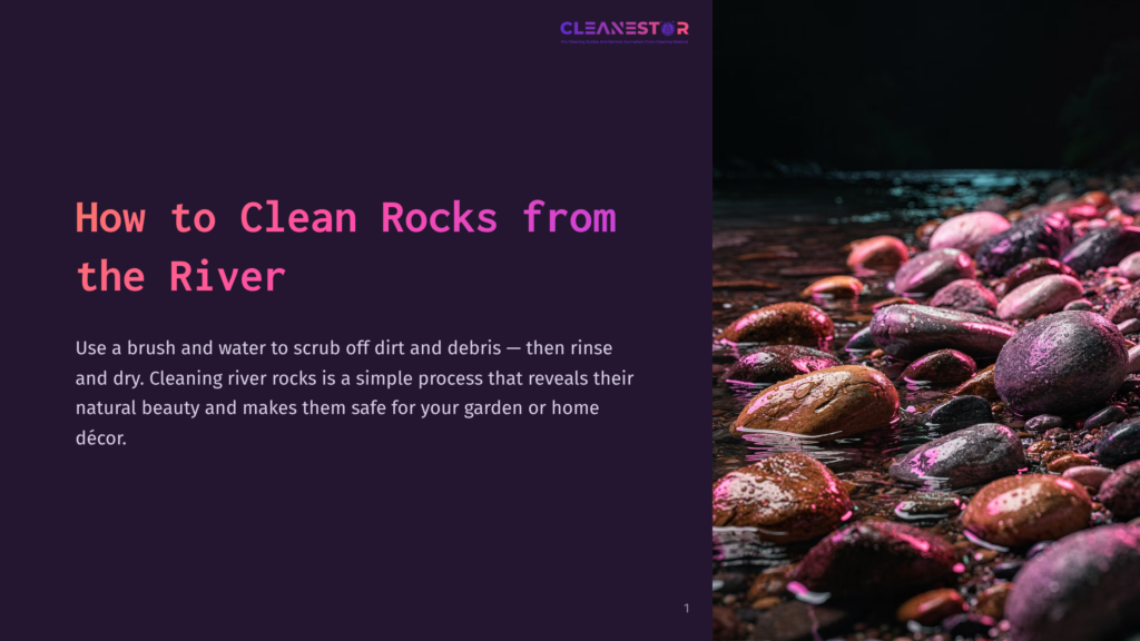 Close-Up Of Wet, Smooth River Rocks In Various Shades Of Purple, Brown, And Grey, Glistening In Shallow Water. The Background Shows A Dark, Out-Of-Focus River.