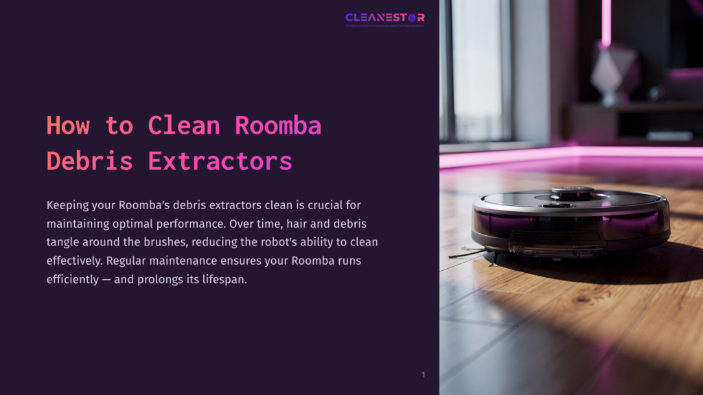 A Modern Robot Vacuum Cleaner, Possibly A Roomba, Rests On A Polished Wooden Floor Bathed In Soft, Warm Light From A Large Window. The Text &Quot;Cleanestor&Quot; Is Visible At The Top Left.