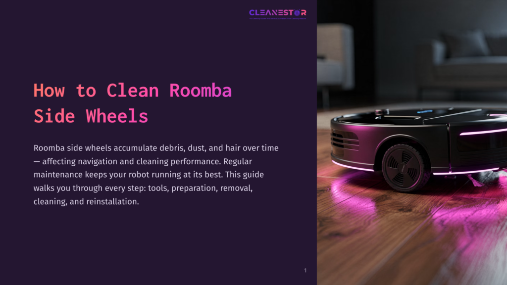 A Black Roomba Robot Vacuum With Purple Led Lights Cleans A Wooden Floor, With The Text &Quot;How To Clean Roomba Side Wheels&Quot; Visible On A Dark Background.