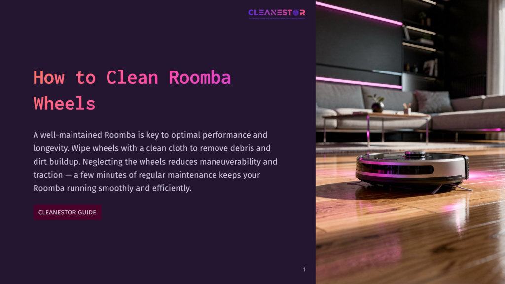 1 How To Clean Roomba Wheels A Black Roomba Robot Vacuum On A Wooden Floor, Surrounded By Modern Furniture And Purple Ambient Lighting.