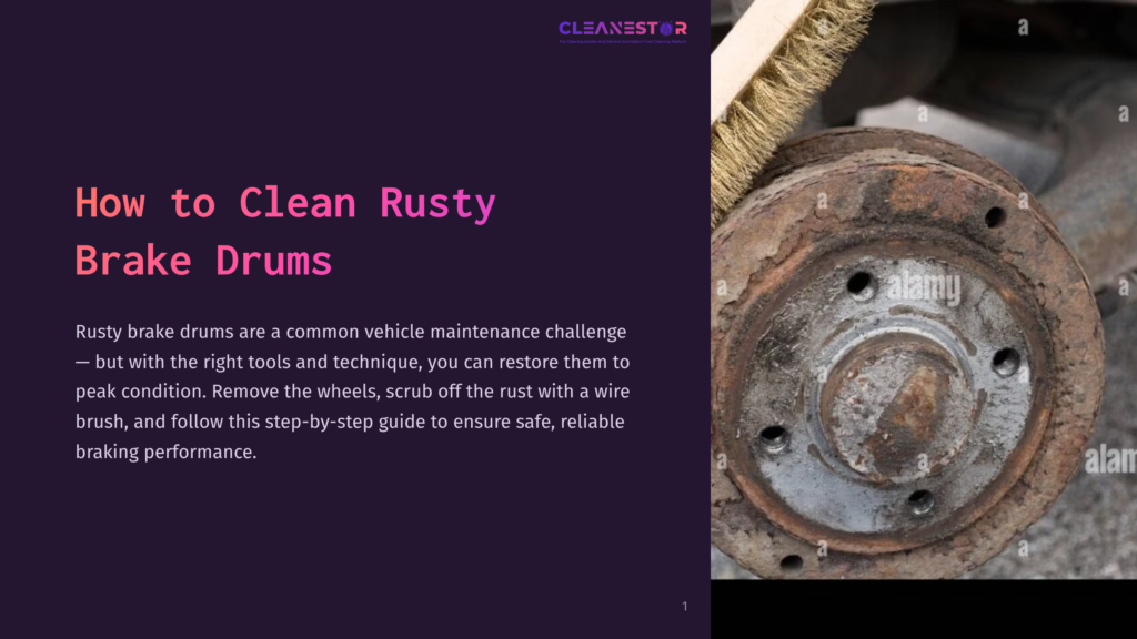 Close-Up Of A Rusty Brake Drum With A Wire Brush Being Used To Scrub Off The Rust, Illustrating A Step In Cleaning Rusty Brake Drums.