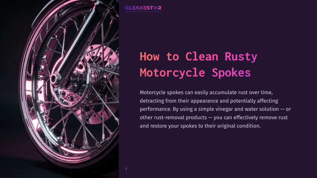 1 How To Clean Rusty Motorcycle Spokes Close-Up Of A Shiny, Chrome Motorcycle Wheel With Numerous Thin Spokes, Some Showing Signs Of Rust, Against A Dark Purple Background. Text Overlay Reads &Quot;How To Clean Rusty Motorcycle Spokes&Quot;.