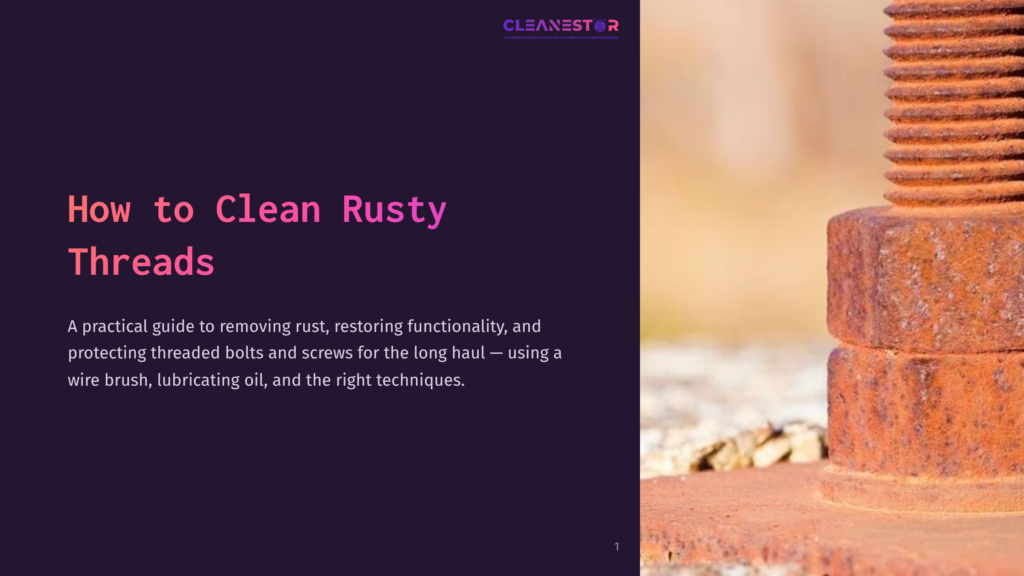 Close-Up Of A Heavily Rusted Bolt And Nut, Showcasing Deep Orange-Brown Corrosion And Textured Metal. The Image Is Part Of A Guide On How To Clean Rusty Threads, Featuring The Title &Quot;How To Clean Rusty Threads&Quot; And The Cleanestor Logo.