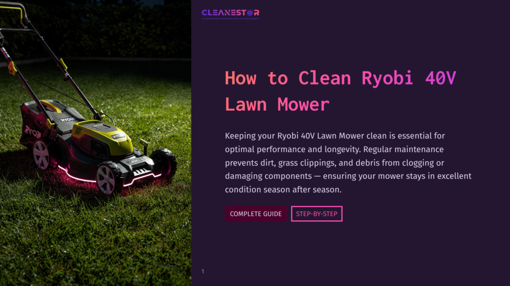 A Clean Ryobi 40V Lawn Mower Sits On A Lush Green Lawn At Dusk, Illuminated By Pink Led Lights. The Image Is Part Of A &Quot;How To Clean Ryobi 40V Lawn Mower&Quot; Guide.