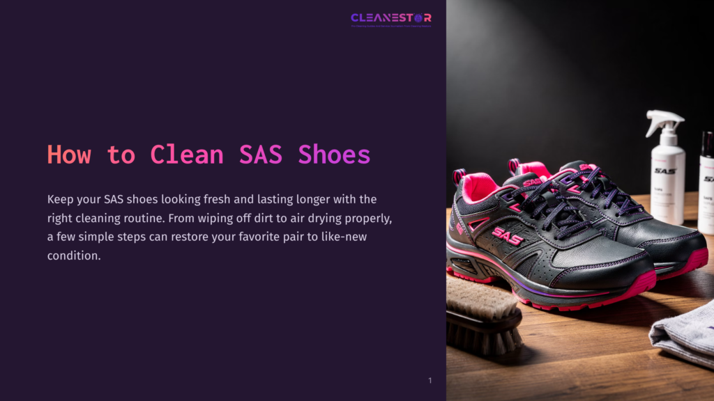 Black Sas Shoes With Pink Accents, A Wood Brush, And Cleaning Products On A Dark Background, Emphasizing Care And Maintenance.