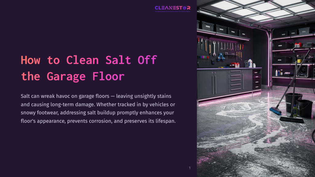 1 How To Clean Salt Off The Garage Floor A Well-Organized Garage With A Sleek Workbench, Tools Hanging On The Wall, And A Clean Floor Showing Some Salt Residue Near A Mop.