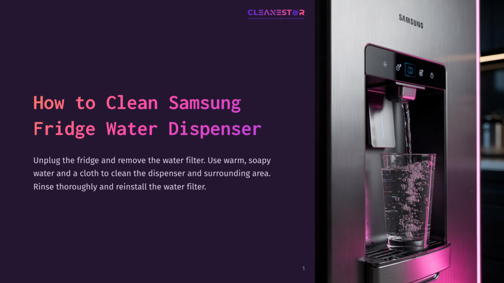 1 How To Clean Samsung Fridge Water Dispenser A Samsung Fridge Water Dispenser Is Shown With A Glass Of Water Being Dispensed. Text Overlay Reads &Quot;How To Clean Samsung Fridge Water Dispenser&Quot;.