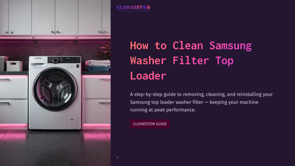 A Samsung Top-Loader Washing Machine In A Modern Laundry Room, Accented With Pink Lighting, Beside White Cabinets And A Countertop.