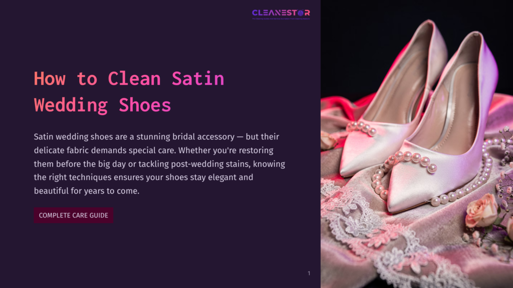 Elegant Satin Wedding Shoes Adorned With Pearls, Resting On A Soft Pink Velvet Fabric With Rose Accents. The Text &Quot;How To Clean Satin Wedding Shoes&Quot; Is Visible On The Left.