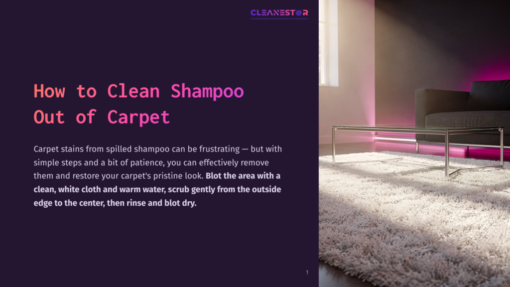 A Modern Living Room With A Plush, White Carpet, A Glass Coffee Table, And A Purple Accent Wall. Text Instructions For Cleaning.