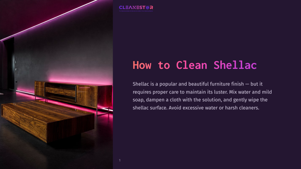 A Modern Living Room With Dark Walls, Featuring A Sleek Wooden Media Console And Coffee Table Illuminated By Vibrant Pink Led Lighting. Text Overlay Reads &Quot;How To Clean Shellac.