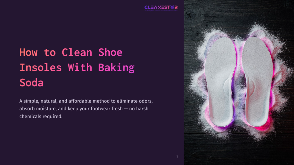 Two Shoe Insoles Dusted With White Baking Soda Sit On A Dark Wooden Surface, With Pink And Purple Light Reflecting On The Baking Soda.