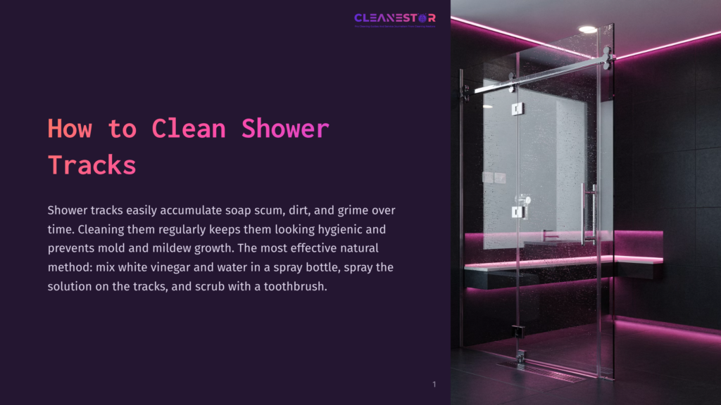 A Modern, Sleek Glass Shower Enclosure With Glowing Pink Led Lights. The Text &Quot;How To Clean Shower Tracks&Quot; Is Prominently Displayed On A Dark Purple Background To The Left.
