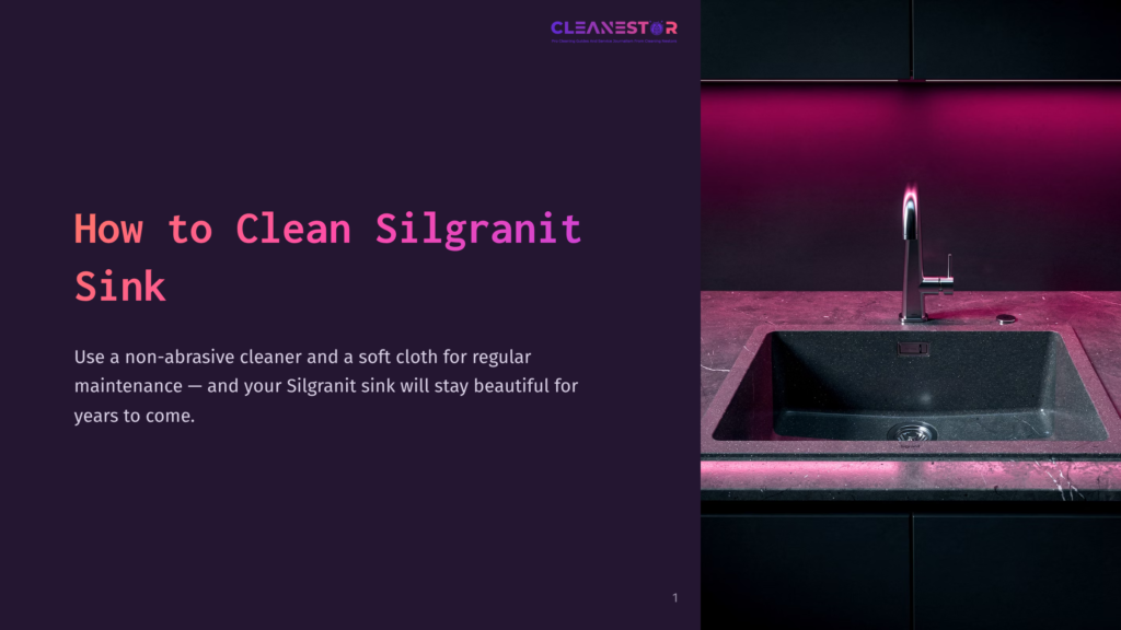 A Dark Grey Silgranit Kitchen Sink With A Modern Faucet Is Shown In A Sleek, Contemporary Kitchen With Purple Under-Cabinet Lighting. The Text &Quot;How To Clean Silgranit Sink&Quot; Is Displayed Prominently On The Left.