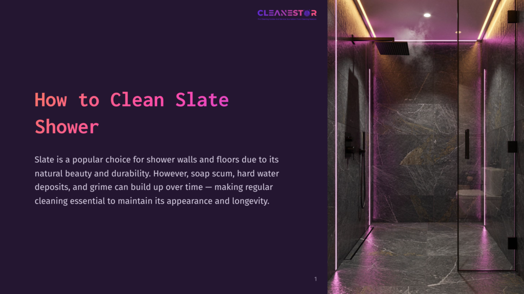 Modern Slate Shower With Dark Gray Tiles, A Black Showerhead, And Ambient Pink Led Lighting. The Text &Quot;Cleanestor&Quot; Is Visible At The Top.