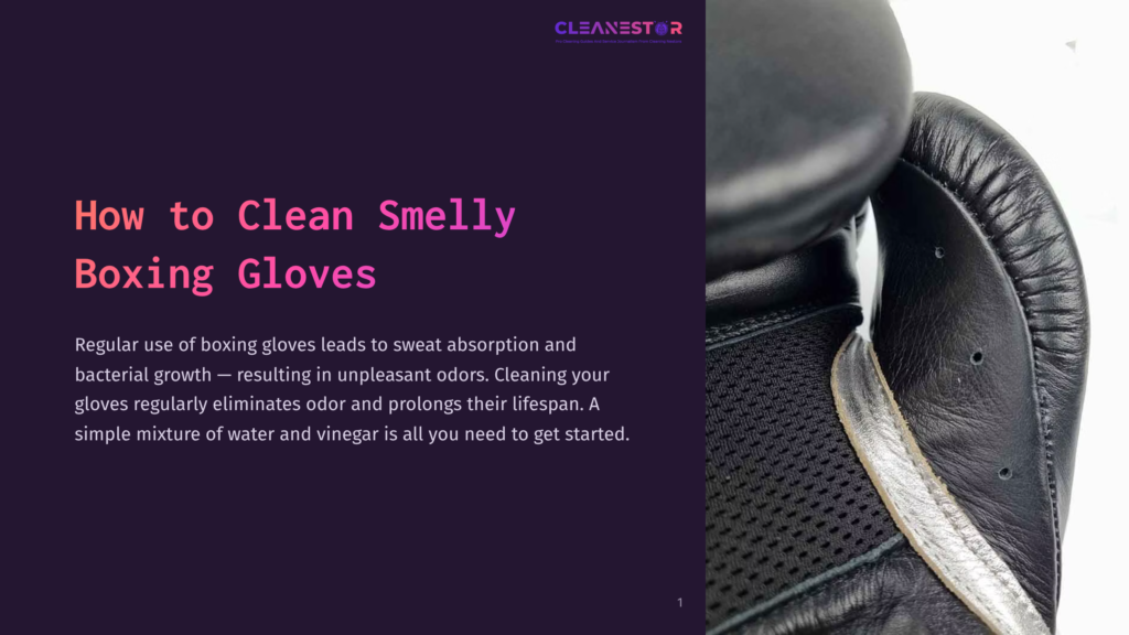 Close-Up Of Black Leather Boxing Gloves With A Mesh Lining, On A Dark Purple Background With The Text &Quot;Cleanestor&Quot; And &Quot;How To Clean Smelly Boxing Gloves&Quot;.