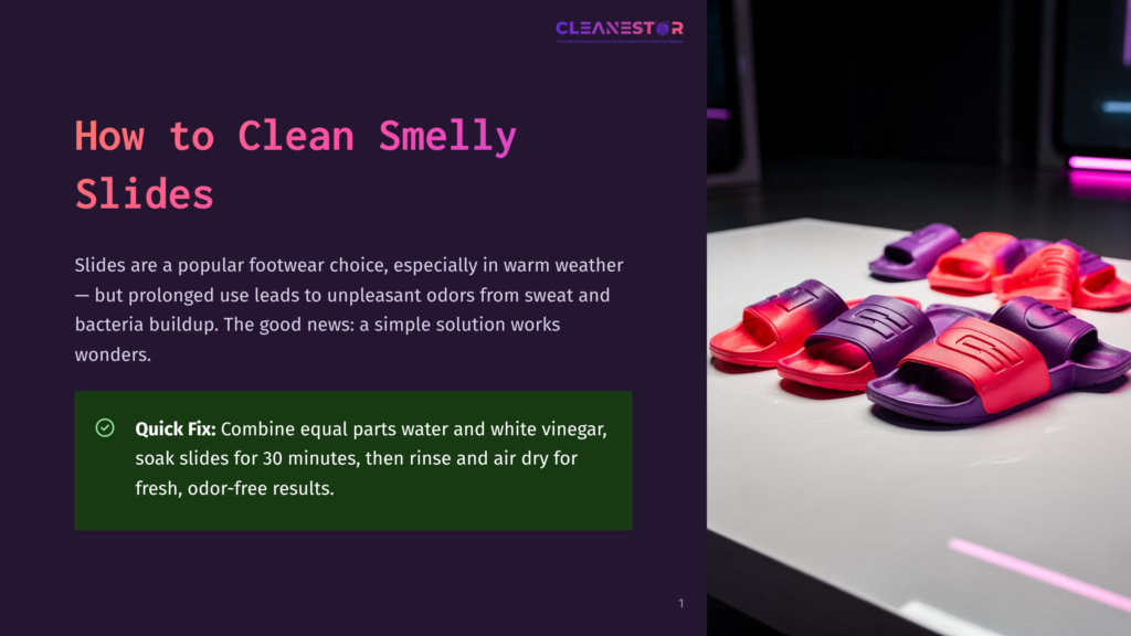 Colorful Flip-Flops In Shades Of Red, Purple, And Pink Are Neatly Arranged On A White Surface, With A Dark Background. The Text &Quot;How To Clean Smelly Slides&Quot; Is Visible On The Left.