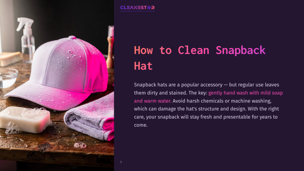 1 How To Clean Snapback Hat A White Snapback Hat With Water Droplets, A Bar Of Soap, And A Folded Towel On A Wooden Surface. Text Reads &Quot;How To Clean Snapback Hat&Quot;.