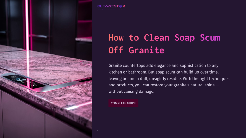 Close-Up Of A Polished Pink Granite Countertop With A Modern Induction Cooktop, Featuring The Title &Quot;How To Clean Soap Scum Off Granite&Quot; And &Quot;Cleanestor&Quot; Logo.
