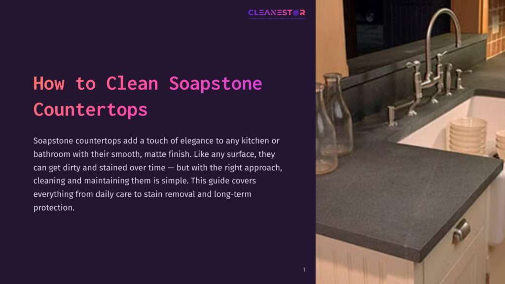 1 How To Clean Soapstone Countertops A Dark Gray Soapstone Countertop With A Matte Finish, Featuring Glass Jars And A Pitcher, Against A Well-Lit Kitchen Backdrop.