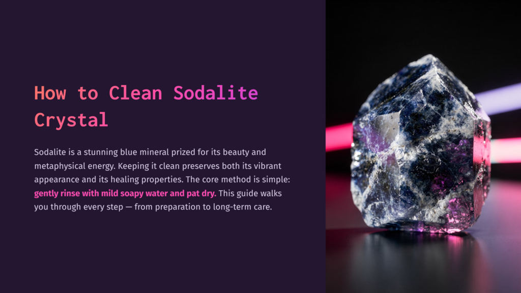 1 How To Clean Sodalite Crystal A Raw, Faceted Sodalite Crystal With Deep Blue And White Inclusions Sits On A Dark Reflective Surface, Illuminated By Pink And Purple Light.