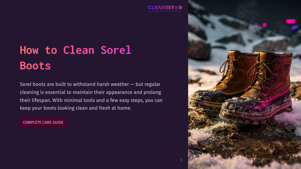1 How To Clean Sorel Boots Two Sorel Boots, One Brown Leather And One Black With Pink Accents, Sit In Melting Snow And Rocks, With A Hint Of Neon Lights In The Blurred Background. The Image Is From A Guide On How To Clean Sorel Boots.
