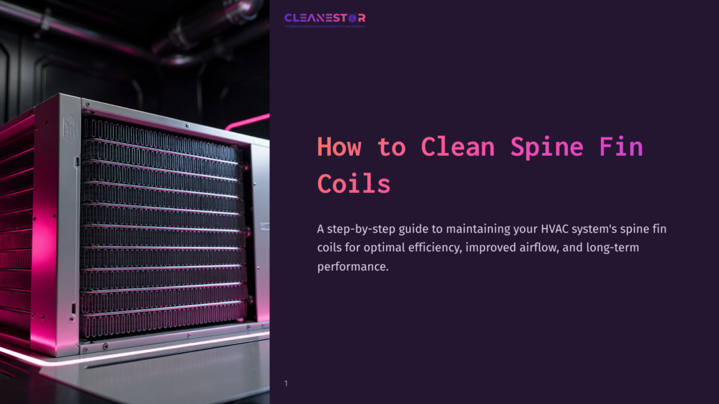 1 How To Clean Spine Fin Coils Close-Up Of A Clean Hvac Spine Fin Coil Unit, Glowing With Pink And Purple Light, With The Title &Quot;How To Clean Spine Fin Coils&Quot; And Company Logo Cleanestor Visible.