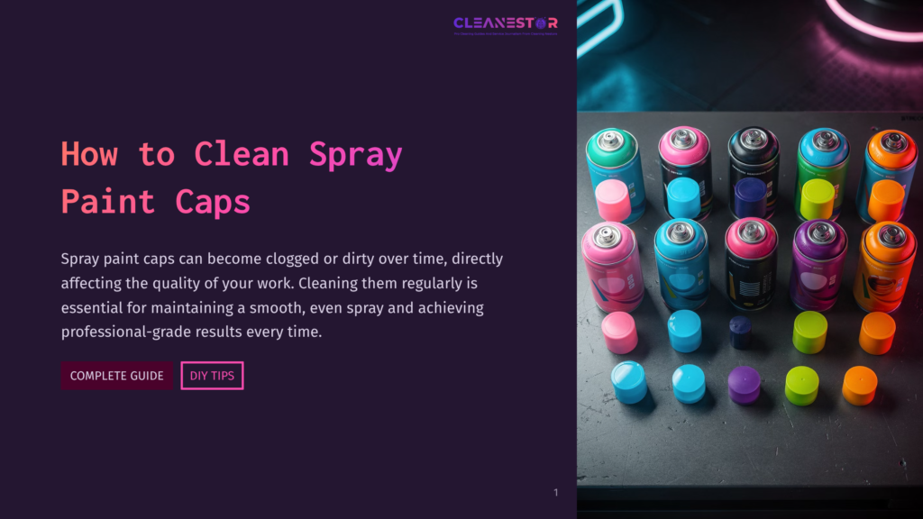 1 How To Clean Spray Paint Caps Colorful Spray Paint Cans Are Neatly Arranged On A Dark Surface, With A Title Overlay Reading &Quot;How To Clean Spray Paint Caps.
