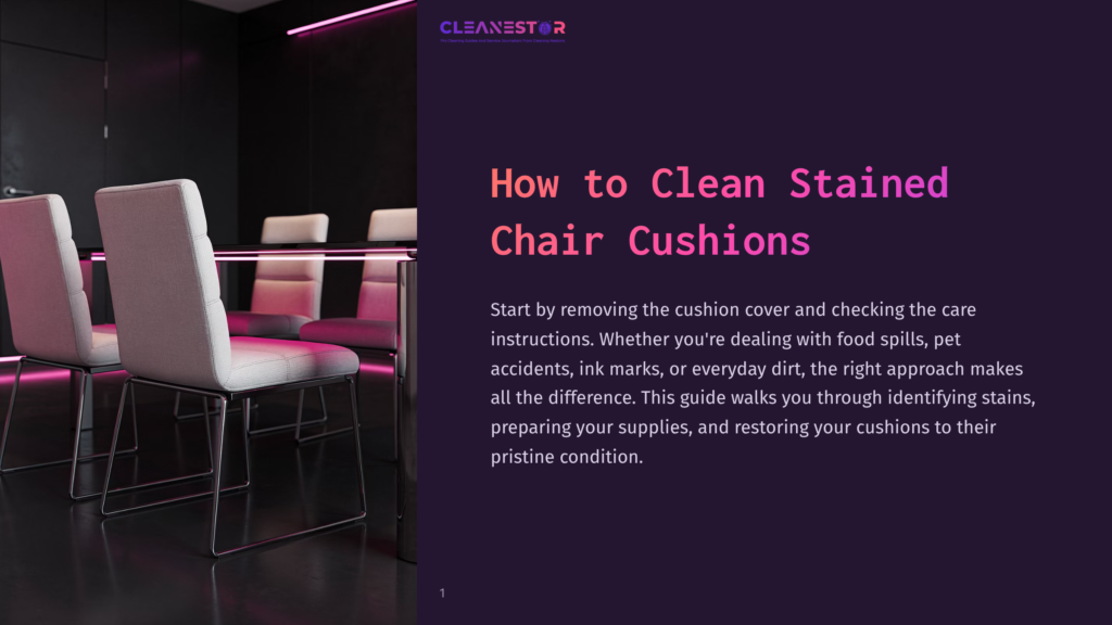 1 How To Clean Stained Chair Cushions Modern Conference Room With Sleek Table And Chairs, Featuring A Pink Neon Light Accent On The Wall. The Text &Quot;Cleanestor&Quot; Is Visible.