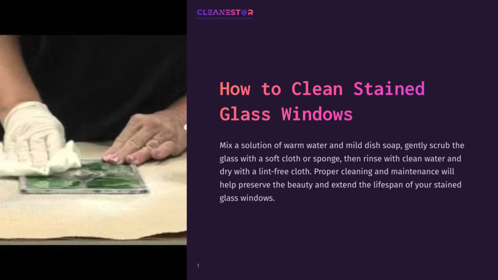 A Person Scrubbing A Stained Glass Panel With A Cloth, Surrounded By Cleaning Supplies On A Table, Emphasizing A Hands-On Approach.