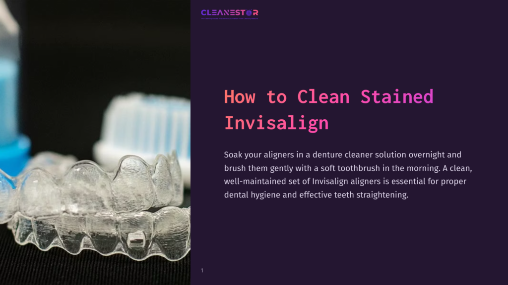 Clear Aligners Resting On A Dark Surface, With A Toothbrush And Denture Cleaner In The Background, Emphasizing Dental Hygiene Tools.