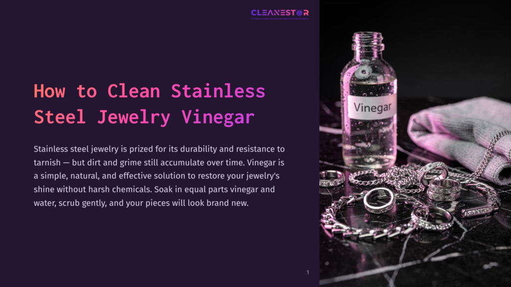 A Bottle Of Vinegar Sits Next To A Pile Of Shiny Stainless Steel Jewelry, Including Rings And Necklaces, On A Dark Marble Surface. A Grey Cloth Is Draped In The Background.