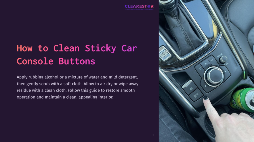 Close-Up Of A Car Console With Buttons And A Hand Applying Cleaning Technique, Featuring A Can And A Soft Cloth Nearby.