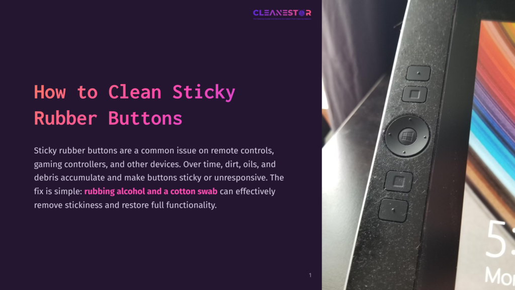 1 How To Clean Sticky Rubber Buttons Close-Up Of A Remote Control Featuring Black Rubber Buttons, Some Appearing Sticky Or Dirty, Against A Soft-Focus Background.