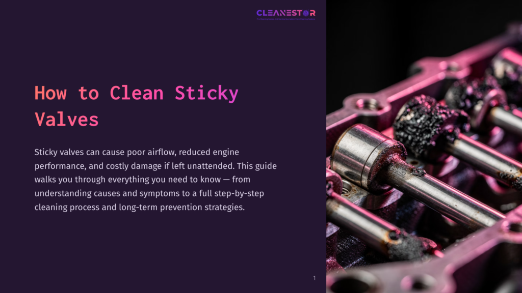 Close-Up Of Dirty, Sticky Engine Valves With Carbon Buildup. The Image Is Titled &Quot;How To Clean Sticky Valves&Quot; And Features Text About Engine Performance And Cleaning Strategies.