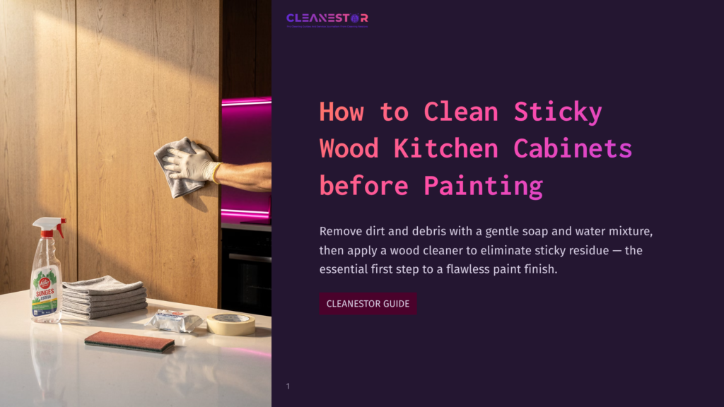 A Hand Holding A Cloth Wipes Sticky Wood Kitchen Cabinets, With Cleaning Supplies And A Modern Kitchen Backdrop Featuring Pink Lighting.