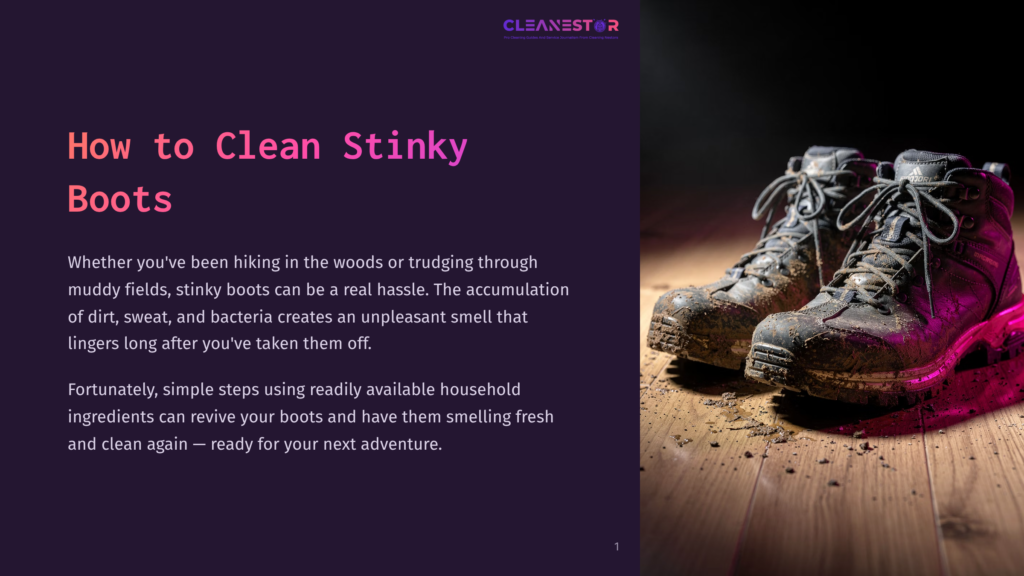 Close-Up Of A Pair Of Muddy Hiking Boots On A Wooden Floor, With A Pinkish-Purple Light Illuminating The Scene. The Boots Are Heavily Soiled, Suggesting Recent Outdoor Activity.