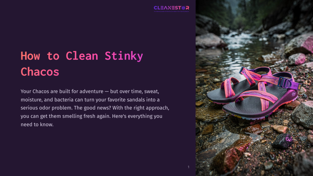 Cleanestor Logo Above Text &Quot;How To Clean Stinky Chacos&Quot;. A Pair Of Pink And Purple Chacos Sandals Rests On Wet, Rocky Terrain Near Flowing Water.