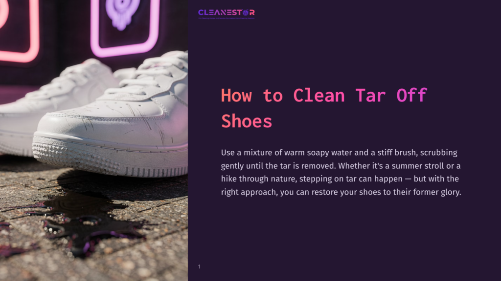 1 How To Clean Tar Off Shoes Close-Up Of Dirty White Sneakers With Tar Stains On The Soles, Sitting On Wet Pavement Next To A Tar Spill. Text Overlay Reads &Quot;How To Clean Tar Off Shoes&Quot;.