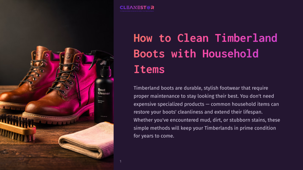 1 How To Clean Timberland Boots With Household Items A Pair Of Rich Brown Timberland Boots Sits On A Wooden Surface Next To A Bottle Of Boot Cleaner Spray, A Brush, And A Folded Cloth, Ready For Cleaning.