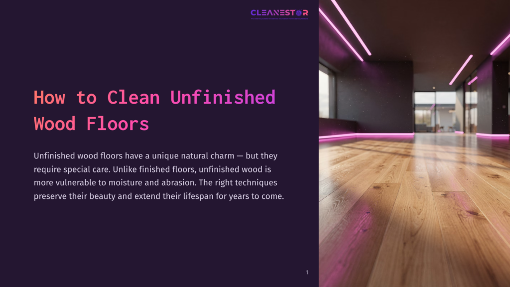 1 How To Clean Unfinished Wood Floors A Modern Interior With Unfinished Wood Floors And Pink Neon Lighting. The Text &Quot;How To Clean Unfinished Wood Floors&Quot; Is Overlaid On The Left.