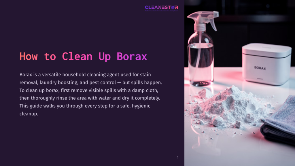 1 How To Clean Up Borax A Pile Of White Borax Powder Is On A White Surface Next To A Gray Cloth, A Spray Bottle, And A White Borax Container. The Text &Quot;How To Clean Up Borax&Quot; Is On The Left.