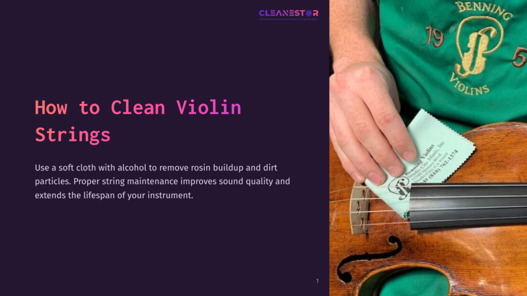 Close-Up Of A Hand Cleaning Violin Strings With A Cloth, Showing Rosin Buildup Removal And Instrument Maintenance For Better Sound Quality.