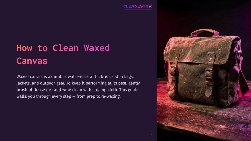 A Rustic, Waxed Canvas Messenger Bag With Leather Accents Sits On A Dark, Weathered Wooden Surface, Illuminated By Dramatic Pink And Purple Lighting. The Text &Quot;Cleanstor&Quot; Is Visible In The Top Right Corner.