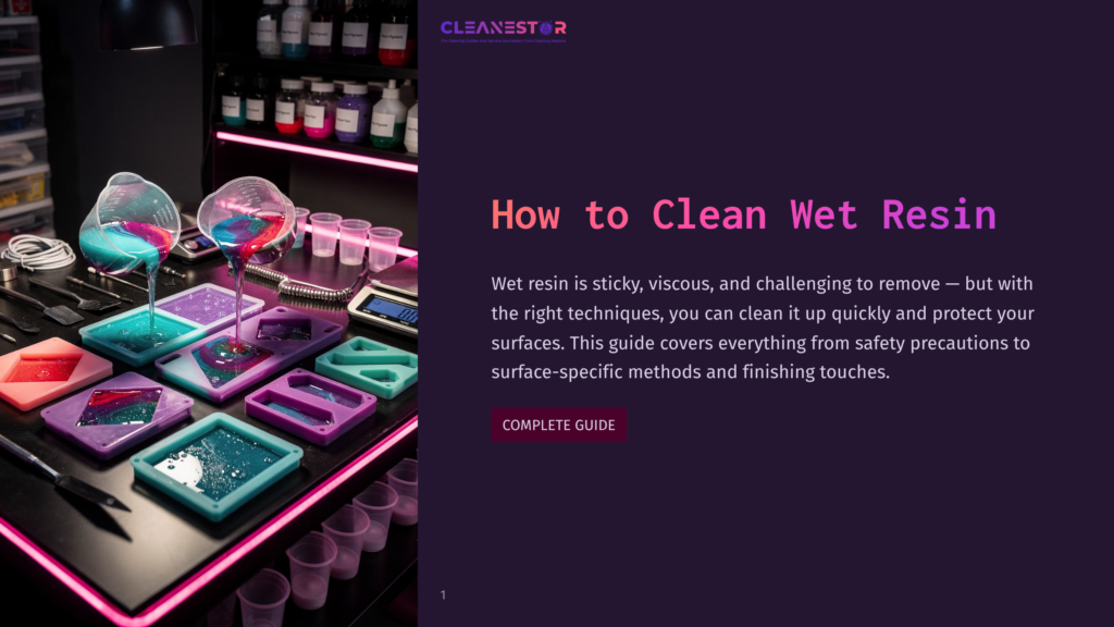 1 How To Clean Wet Resin A Workspace With Multiple Silicone Molds Filled With Colorful, Wet Resin In Shades Of Pink, Blue, And Purple. Bottles Of Resin And Tools Are Visible In The Background, With The Text &Quot;How To Clean Wet Resin&Quot; Prominently Displayed.