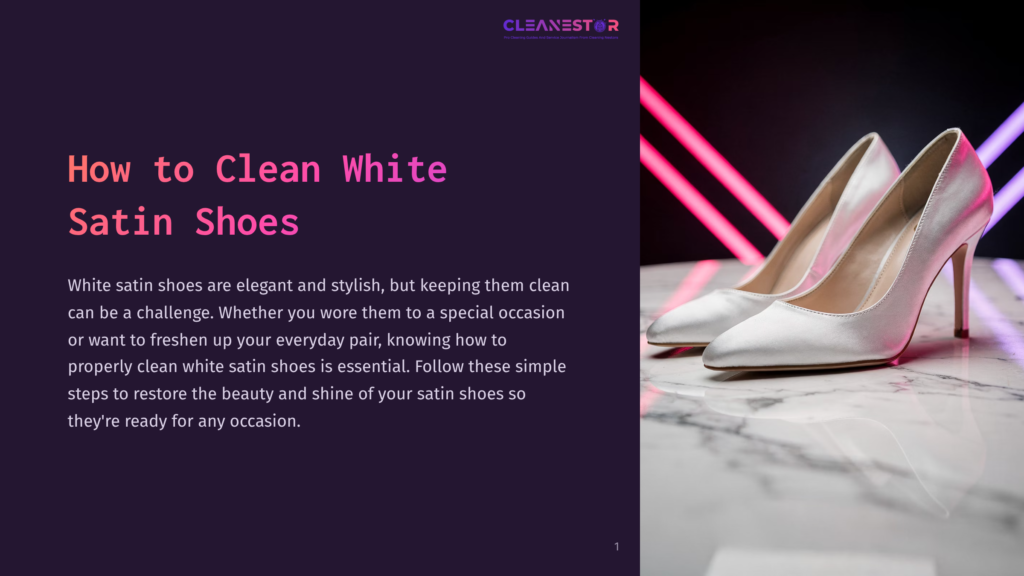 Elegant White Satin Stiletto Heels Rest On A Polished Marble Surface, With Vibrant Pink And Blue Neon Lights In The Blurred Background.