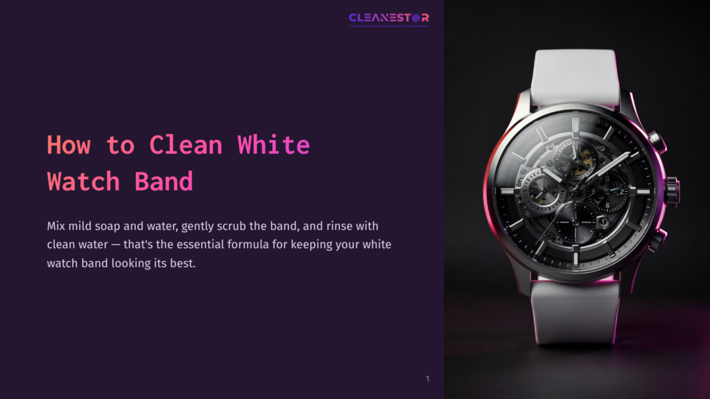 1 How To Clean White Watch Band Close-Up Of A Modern White Watch Band With A Detailed Mechanical Watch Face, Set Against A Dark, Moody Background With Purple And Pink Lighting. Text Overlay Reads &Quot;How To Clean White Watch Band.