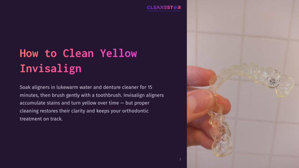 Close-Up Of A Clear Plastic Invisalign Aligner Being Held By Fingers, With A Blurred Background Of White Tiles. The Text &Quot;Cleanestor&Quot; Is Visible At The Top.