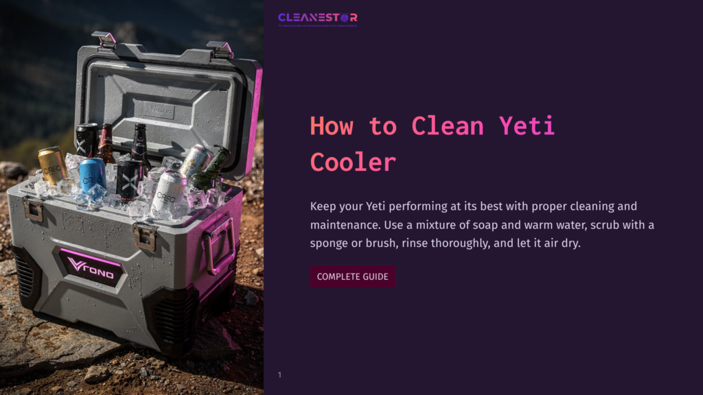 An Open, Gray Yeti Cooler Is Filled With Ice And Drinks, With The Text &Quot;How To Clean Yeti Cooler&Quot; And Cleaning Instructions Visible On The Right.